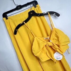 NEW Luxxel Yellow 2 Piece Set Women L Tie Front Crop Top Wide Leg Pants Festival
